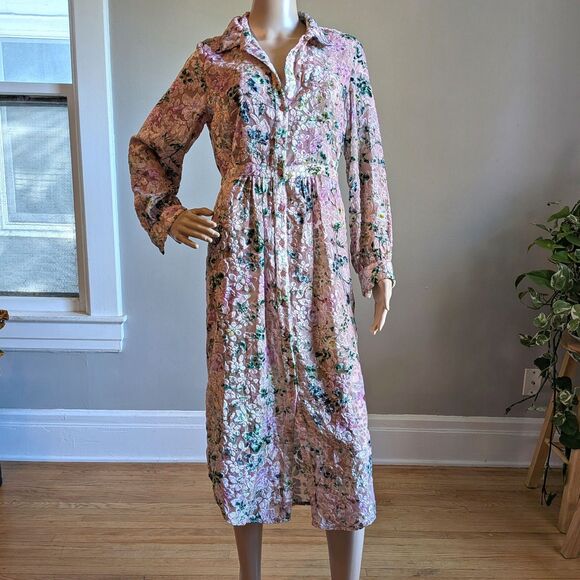 Hemant & Nandita Floral Velvet Midi Dress Triana Button Front Semi Sheer Small - Picture 2 of 10